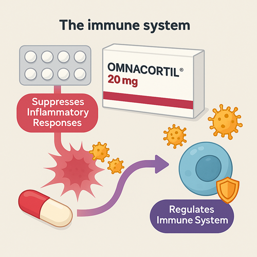 Visual diagram showing how Omnarcortil 20mg suppresses inflammatory responses and regulates the immune system