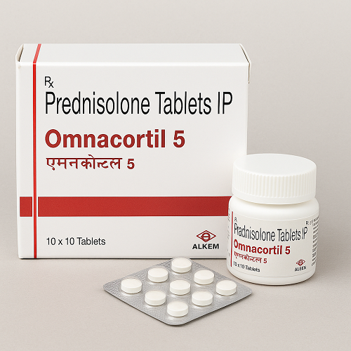 Omnacortil 5mg package and packaging box close-up image