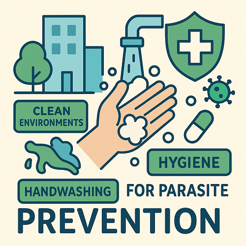 Image emphasizing clean environments, handwashing, and hygiene for parasite prevention