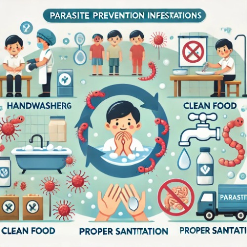 Educational illustration showing hygiene tips for parasite prevention