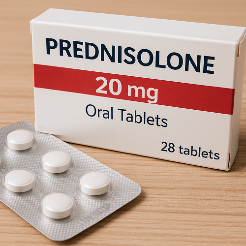 Prednisolone 20mg package and packaging box close-up image