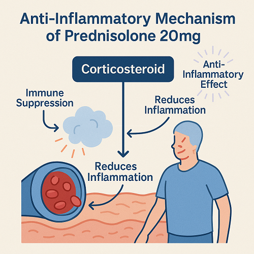 Medical diagram explaining the anti-inflammatory mechanism of Prednisolone 20mg (corticosteroid)