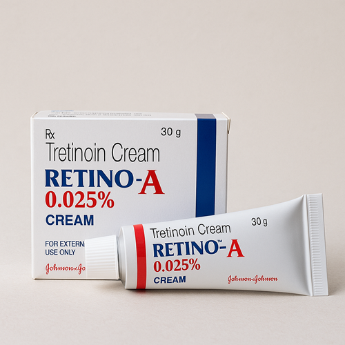 Retino A 0.025% Cream product photo clearly showing the tube and packaging box