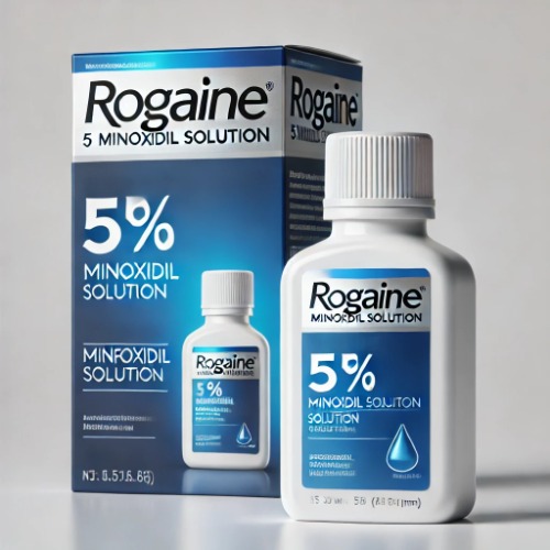 Close-up of Rogaine 5% Solution bottle and packaging