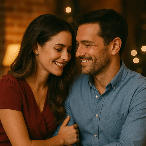 A couple enjoying time together in a romantic atmosphere