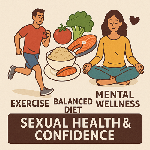 Image emphasizing exercise, balanced diet, and mental wellness for sexual health and confidence