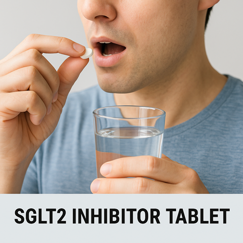 Instructional photo of taking an SGLT2 inhibitor tablet orally with water
