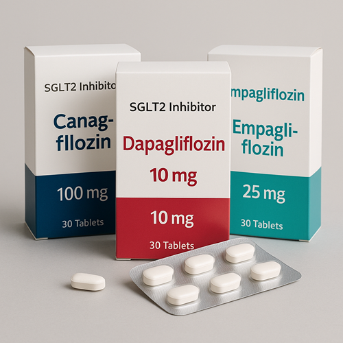 SGLT2 Inhibitors product photo clearly showing representative SGLT2 inhibitor tablets (e.g., Canagliflozin, Dapagliflozin, Empagliflozin) and packaging