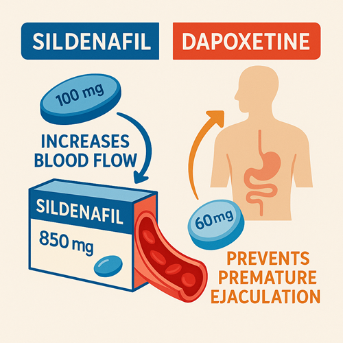 Visual diagram showing how Sildenafil increases blood flow and Dapoxetine prevents premature ejaculation