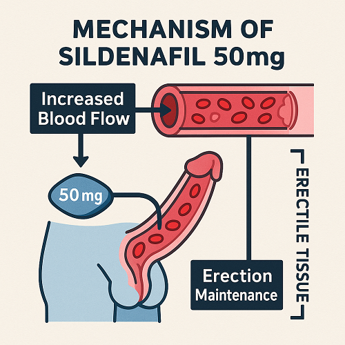 Medical diagram explaining the mechanism of Sildenafil 50mg (increased blood flow and erection maintenance mechanism)