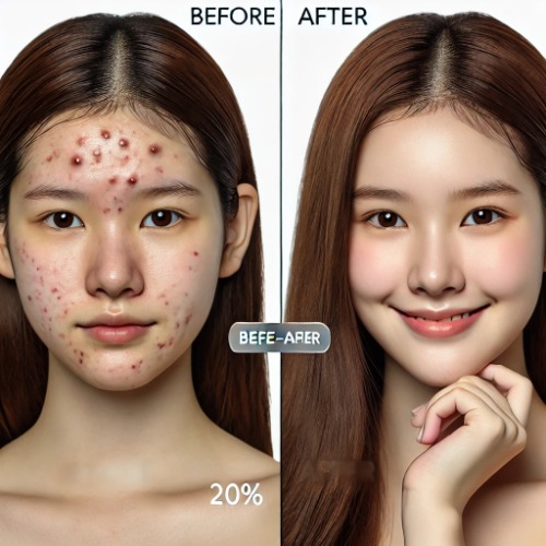 Before-and-after comparison of the same woman showing improvement in acne and hyperpigmentation after using Skinoren Cream 20%
