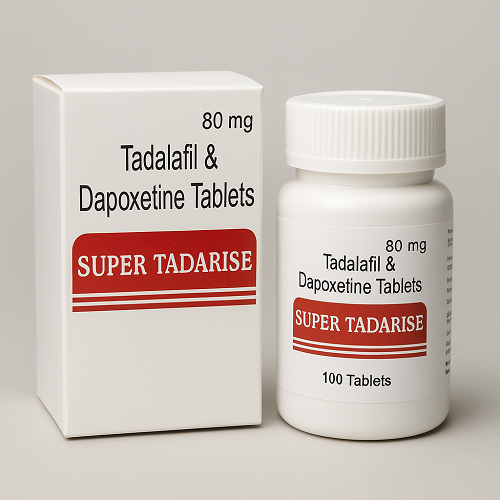 Super Tadarise 80mg product photo clearly showing the product package and 100-tablet bottle