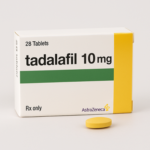 Tadalafil 10mg product photo clearly showing the product package and tablet