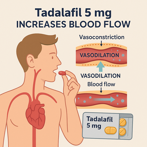 Visual diagram showing how Tadalafil 5mg increases blood flow by vasodilation