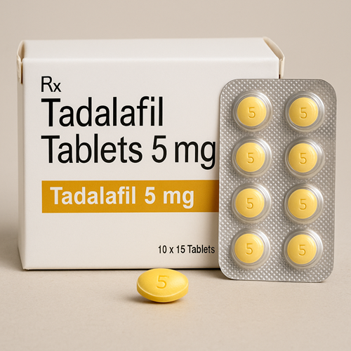 Tadalafil 5mg product photo clearly showing the product package and tablet