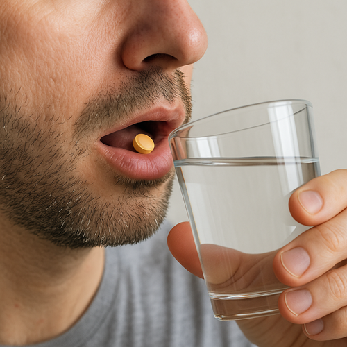 Instructional photo of taking a Tadalafil 5mg tablet orally with water