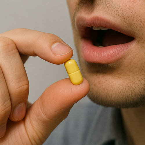 A person holding and taking an Avodart 0.5mg capsule in hand