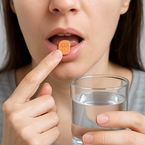 Instructional photo of taking an Azee 500mg tablet orally with water