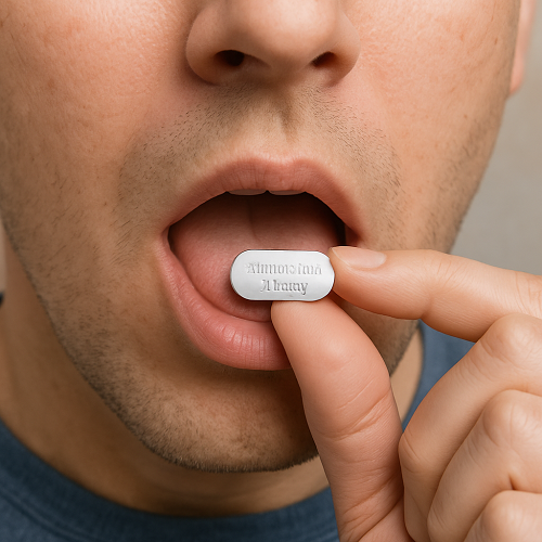 A person orally taking an Azithromycin 250mg tablet