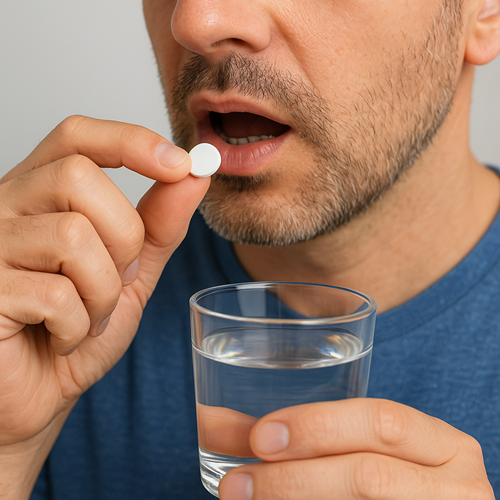 Instructional photo of taking a BARICITINIB-4MG tablet orally with water
