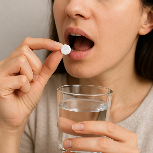 Instructional photo of taking a Covinib 4mg tablet orally with water