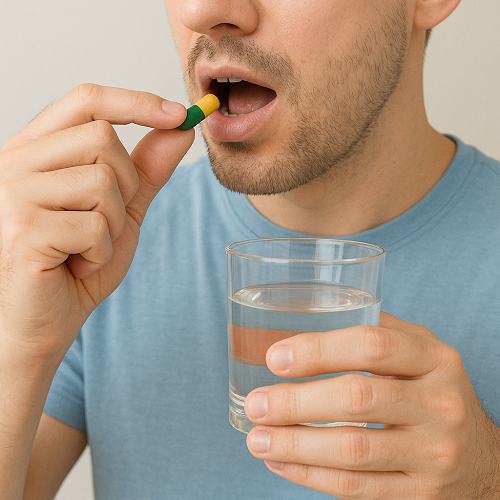 Instructional photo of taking a DOXYCYCLINE-200MG capsule orally with water