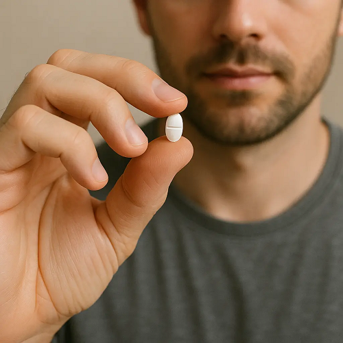 A person holding and taking a Finasteride 1mg pill in hand