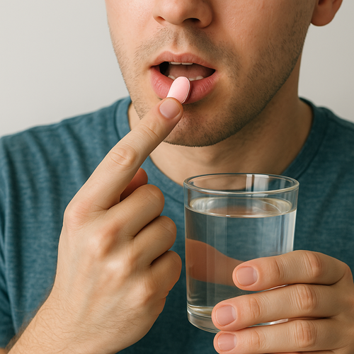 Instructional photo of taking an HCQS 200mg tablet orally with water