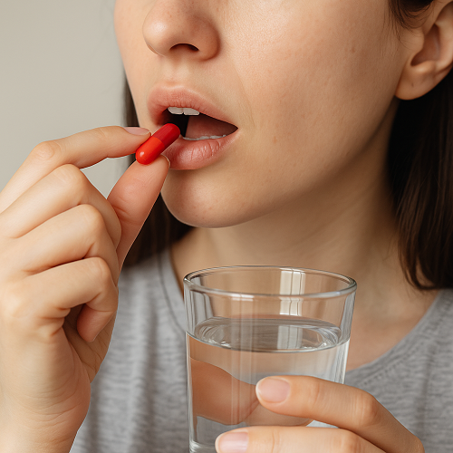 Instructional photo of taking an ISOTRETINOIN-20MG capsule orally with water