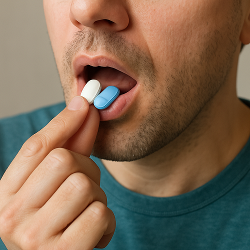 A person orally taking Ivermectin and Hydroxychloroquine tablets
