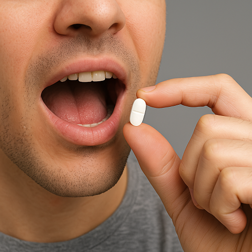 A person orally taking an Ivermectol 12 tablet