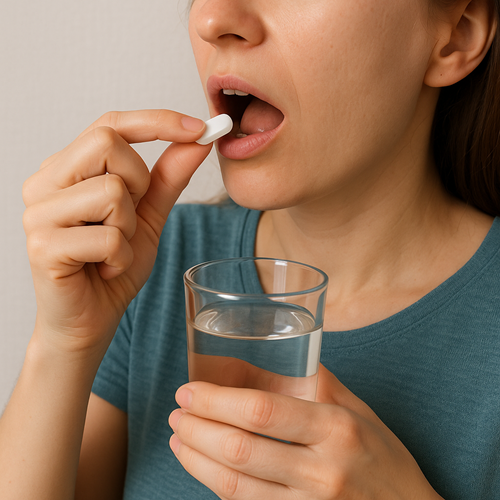 Instructional photo of taking a METFORMIN-850MG tablet orally with water