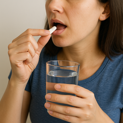 Instructional photo of taking a METFORMIN-850MG tablet orally with water