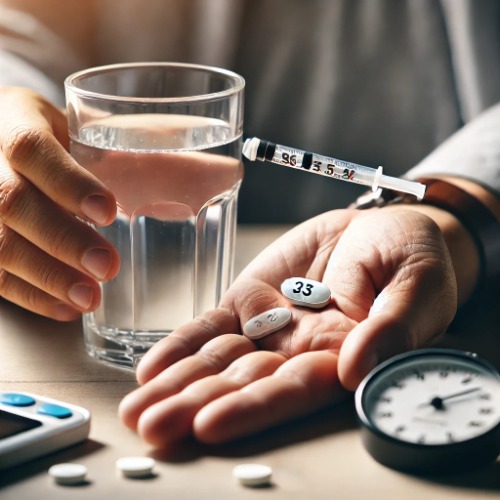 Person holding Metformin and Dapagliflozin tablets ready to take