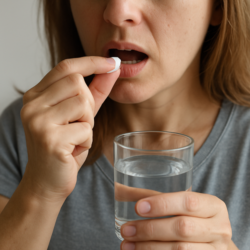 A person orally taking a Metformin tablet
