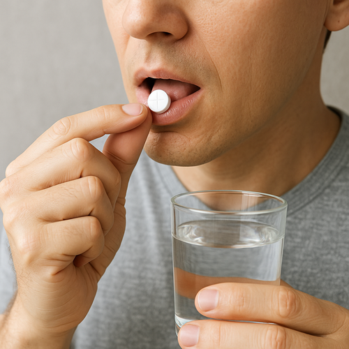 Instructional photo of taking a METHYLPREDNISOLONE-16MG tablet orally with water