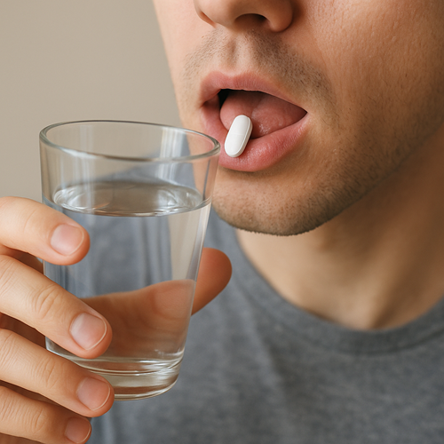 Instructional photo of taking a MOLNUPIRAVIR-200MG tablet orally with water