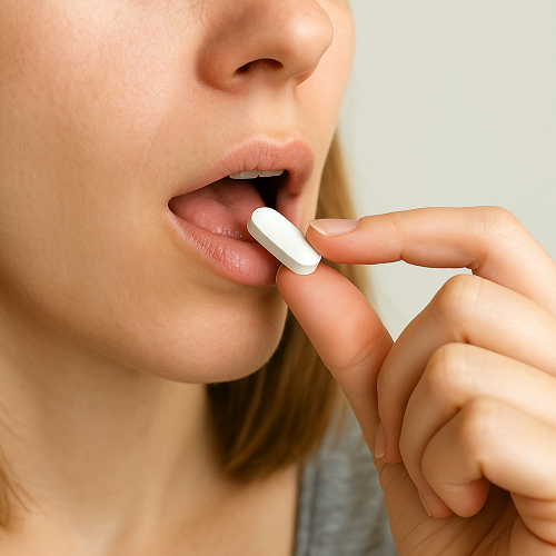 A person orally taking a Novamox 500mg tablet