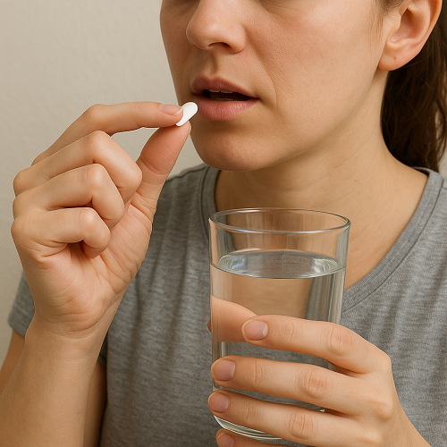 Instructional photo of taking a Plaquenil 200mg tablet orally with water