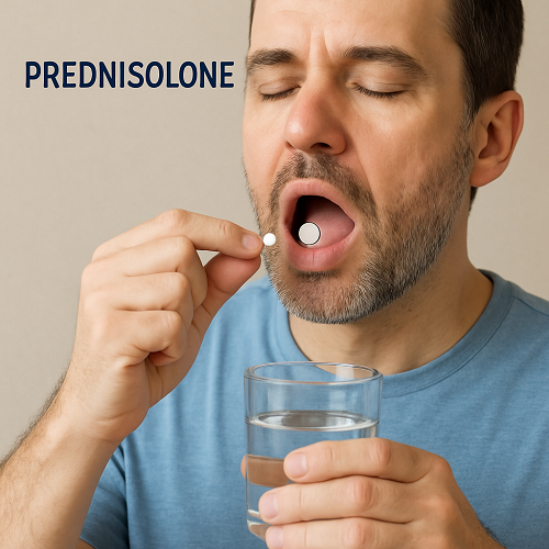 A person orally taking a Prednisolone tablet