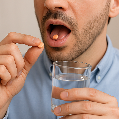 Instructional photo of taking a Super Tadarise 80mg tablet orally with water