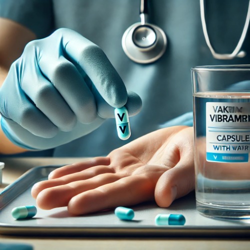 Person holding a Vibramycin capsule before taking it