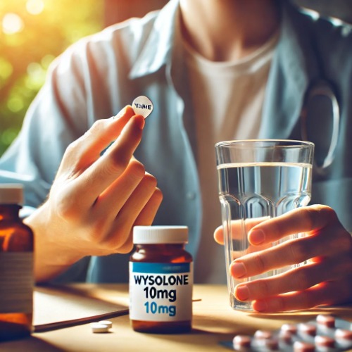Person holding a Wysolone 10mg tablet before taking it