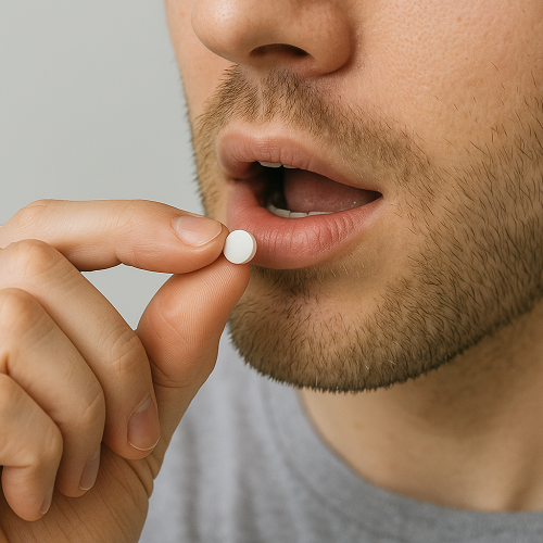 A person orally taking a Wysolone DT 20mg tablet