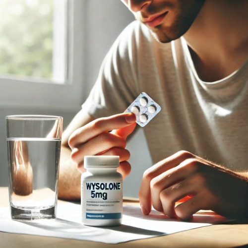 Person holding Wysolone 5mg tablet with water ready for intake