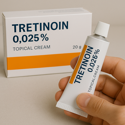 Tretinoin 0.025% package and packaging box close-up image