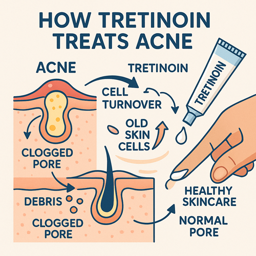 Visual diagram showing how tretinoin promotes skin cell turnover and treats acne