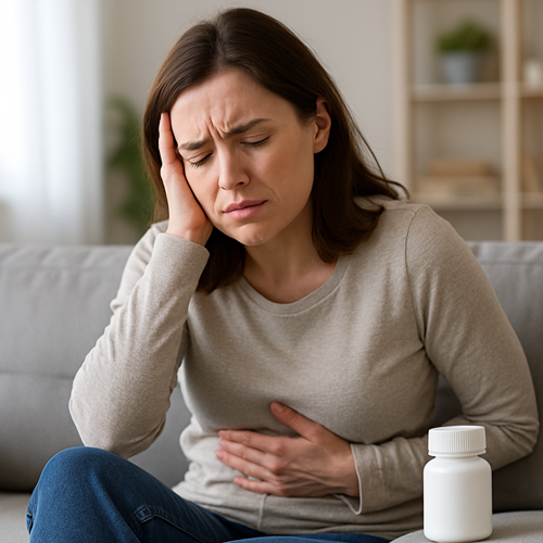 Unwell person resting with medication bottle nearby