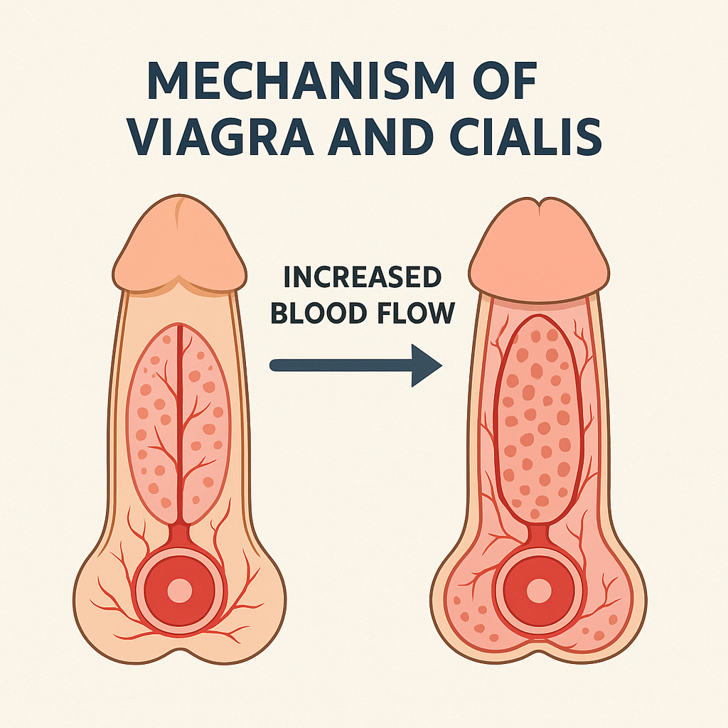 Medical diagram explaining the mechanism of Viagra and Cialis (increased blood flow and erection maintenance mechanism)