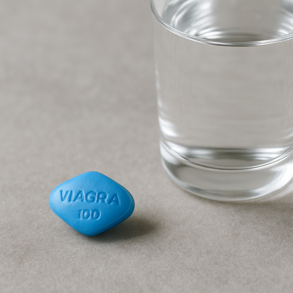 Single Viagra 100mg tablet on table next to a glass of water